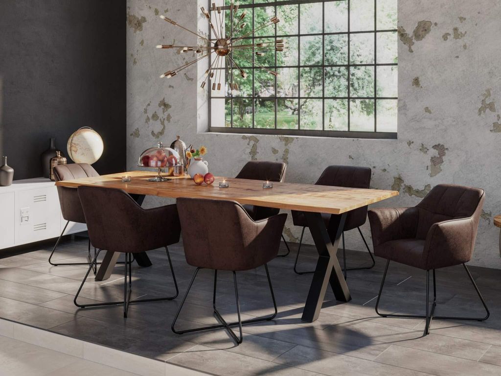 7tlg. Essgruppe Dora 220 x 100 cm, Mangoholz massiv & naturfarben, Baumkantentisch mit X-Metallgestell in Mattschwarz + 6X Stuhl Kirin in Wildleder...