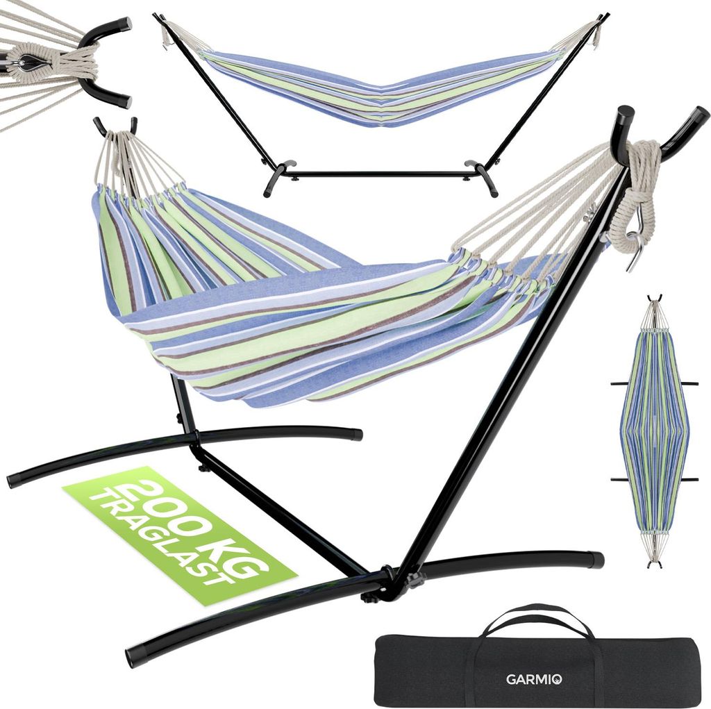 GARMIO Hängematte gestreift blau-grün, 270 x 110 cm, klappbar mit Stahlgestell, 200 kg Tragkraft, inkl. Tragetasche & Zubehör für Garten oder...