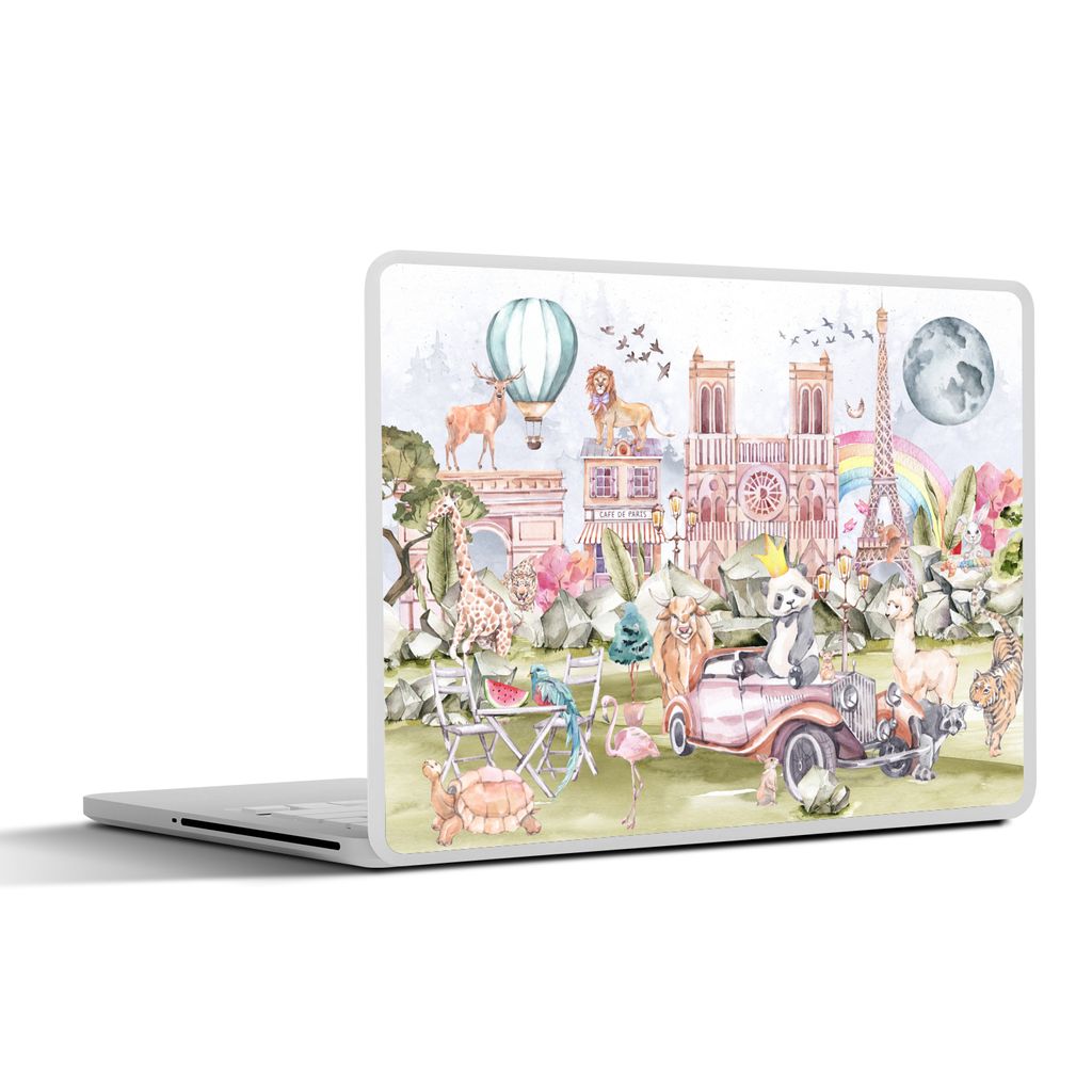 MuchoWow Laptop Aufkleber Sticker Cover Paris - Regenbogen - Kinder - Rosa - Mädchen - Tiere 30x21 cm - Sticker für Laptop - Selbstklebend