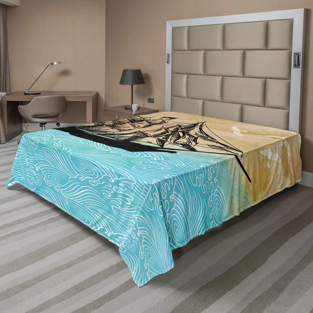 Drap de lit grande taille résistant motif navire vintage 275x260 cm