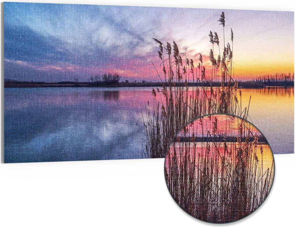 DEQORI Hybrid Leinwand Bild 100x50 cm 'Abendstille am See' Wandbild Glas flach modern
