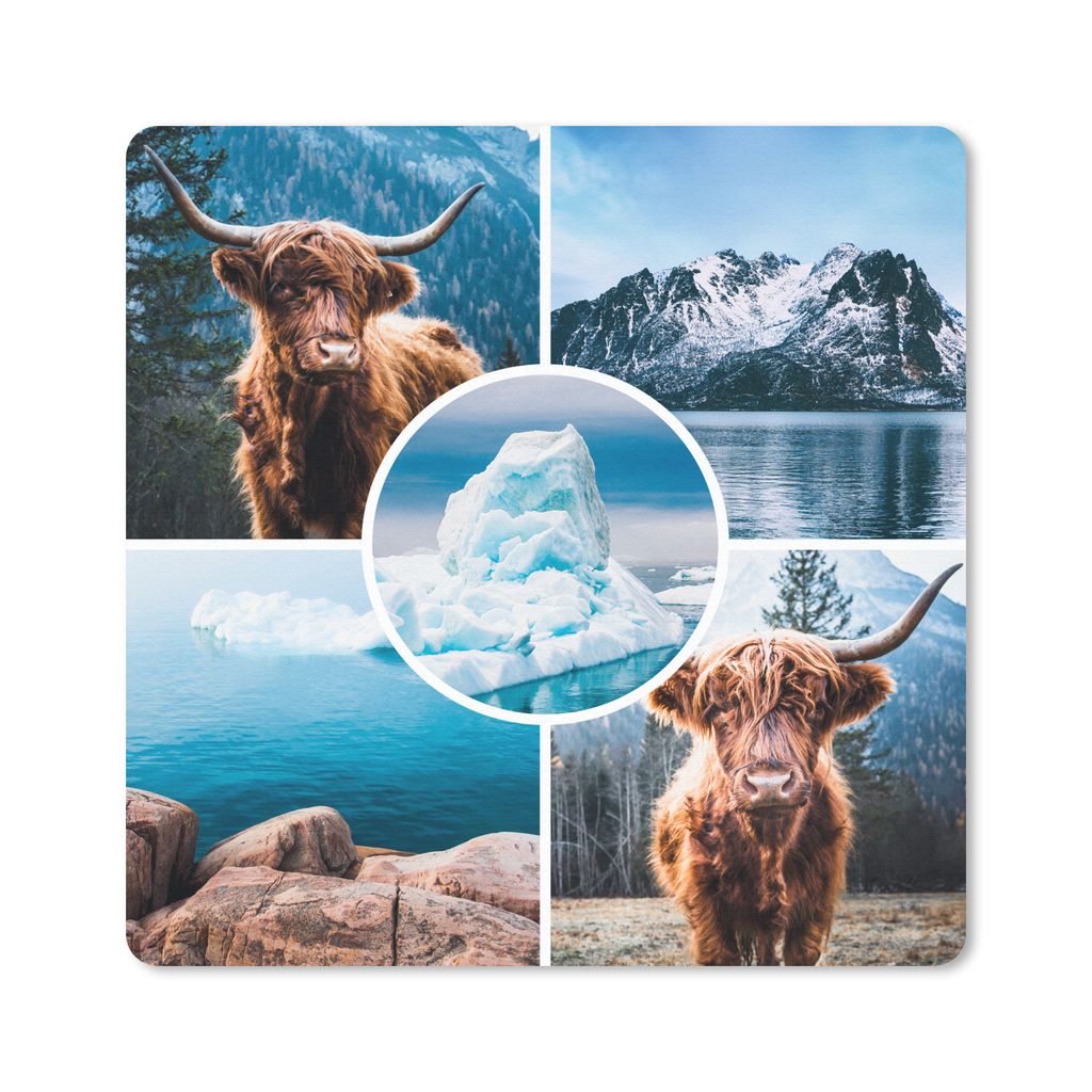 MuchoWow Mauspad Mousepad Schottischer Highlander - Collage - Eis - Berg 20x20 cm - Mousepads - Maus Mat - Pad - Mausunterlage - Desk Mat - Burea...