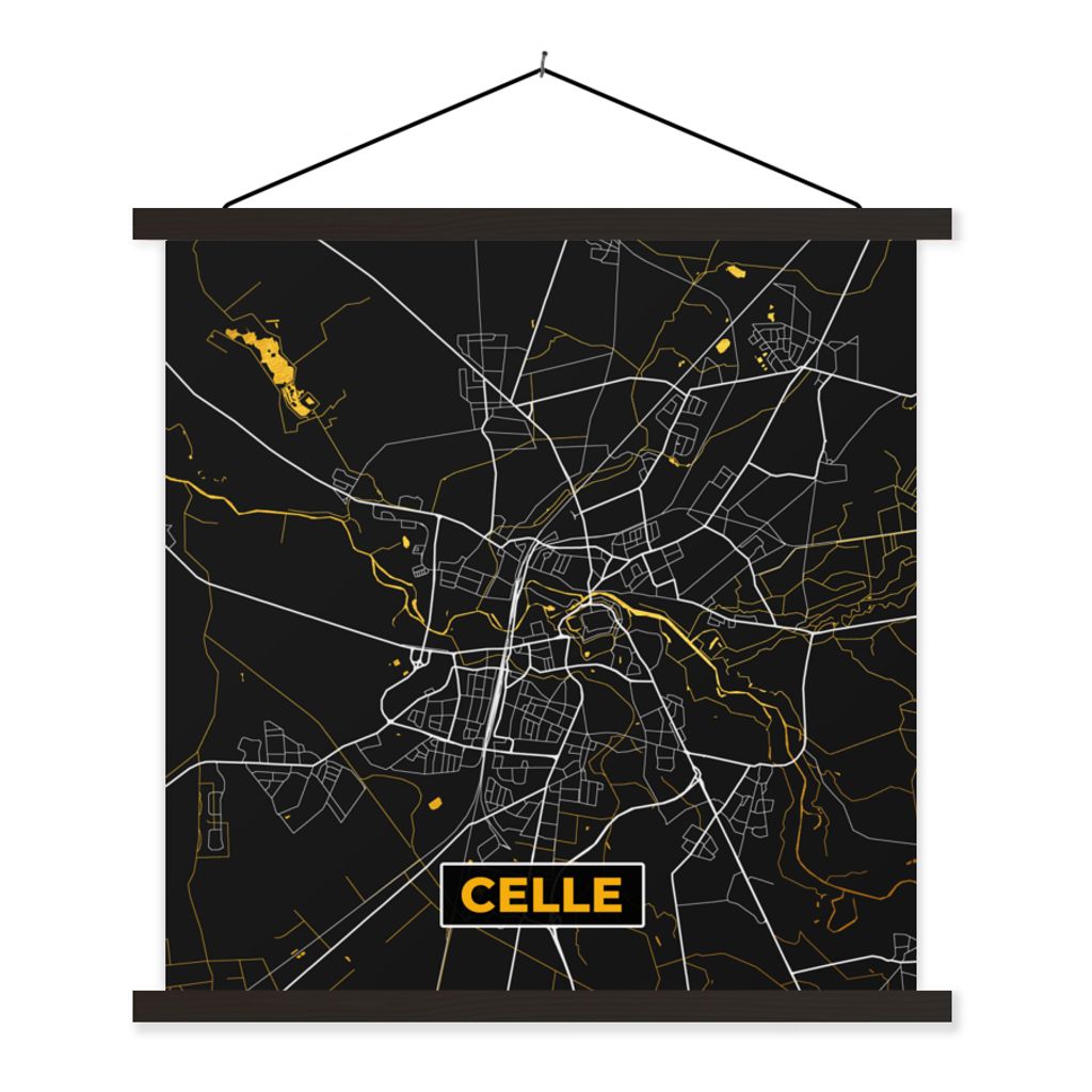 MuchoWow Textilposter Celle - Stadtplan - Gold - Karte - Deutschland 90x90 cm mit schwarzem Rahmen - Magnetisches