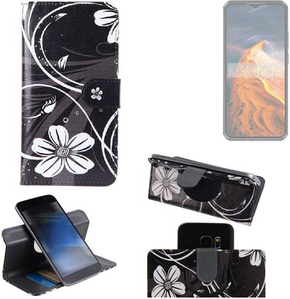 K-S-Trade Schutzhülle Handyhülle kompatibel mit Oukitel WP50 Hülle 360° Wallet Case “Flowers“ Klapphülle Hülle schwarz-weiß 1x