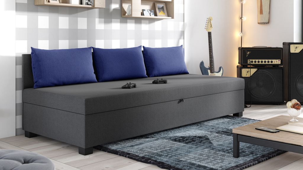 Schlafsofa Misti III - Einzelbett mit Kissen, Sofa mit Bettkasten, Bettsofa, Farbauswahl, Bettgestell, Komfortbett, Bett für Jugendzimmer, Schlafm...