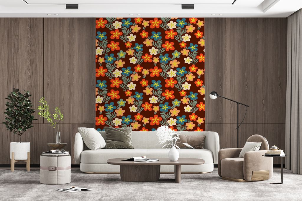MuchoWow Fototapete für Wohnzimmer oder Schlafzimmer Wandtapete Vinyl Motivtapete Retro - Muster - Blumen - 1970er Jahre - 175x240 cm - Schlafzi...