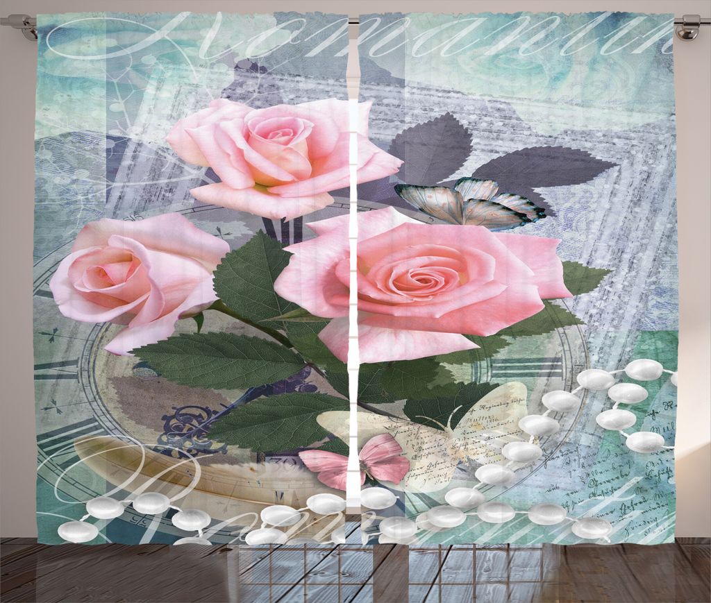 ABAKUHAUS Blumen Rustikaler Vorhang, Weinlese-Rosen-Romanze, Wohnzimmer Universalband Gardinen mit Schlaufen und Haken, 280 x 225 cm, Rosa Grau
