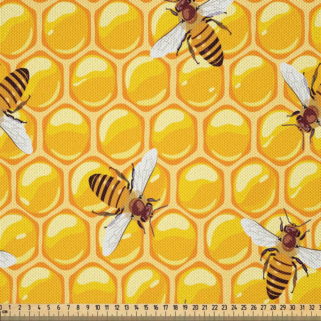 ABAKUHAUS Biene Satin Stoff als Meterware, Honigbienen Arbeiten auf Honeycomb Hard Worker Insekten Illustration Drucken, 1 M (148 x 100 cm), Orange...