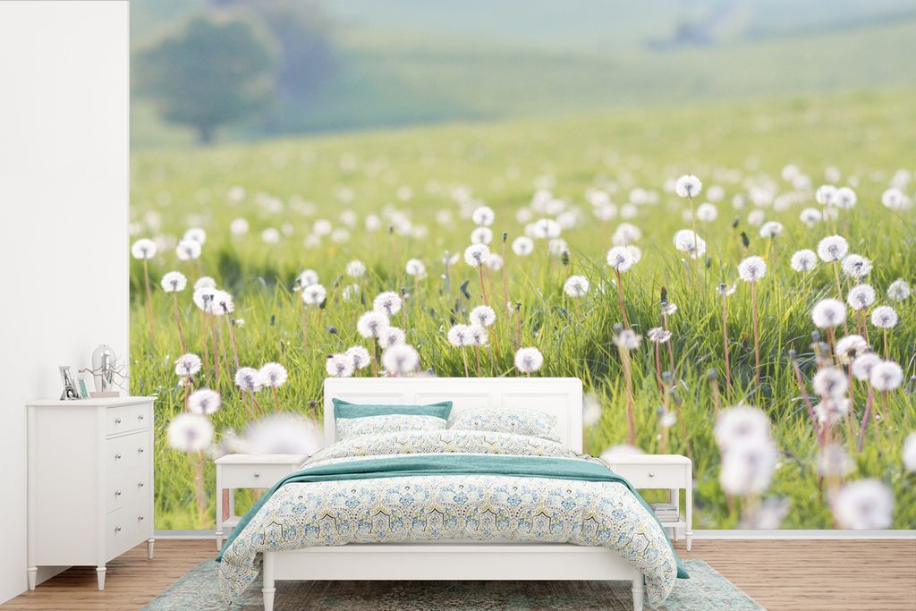MuchoWow Fototapete für Wohnzimmer oder Schlafzimmer Wandtapete Vinyl Motivtapete Frühling - Löwenzahn - Farben - 525x350 cm - Das Hintergrund...