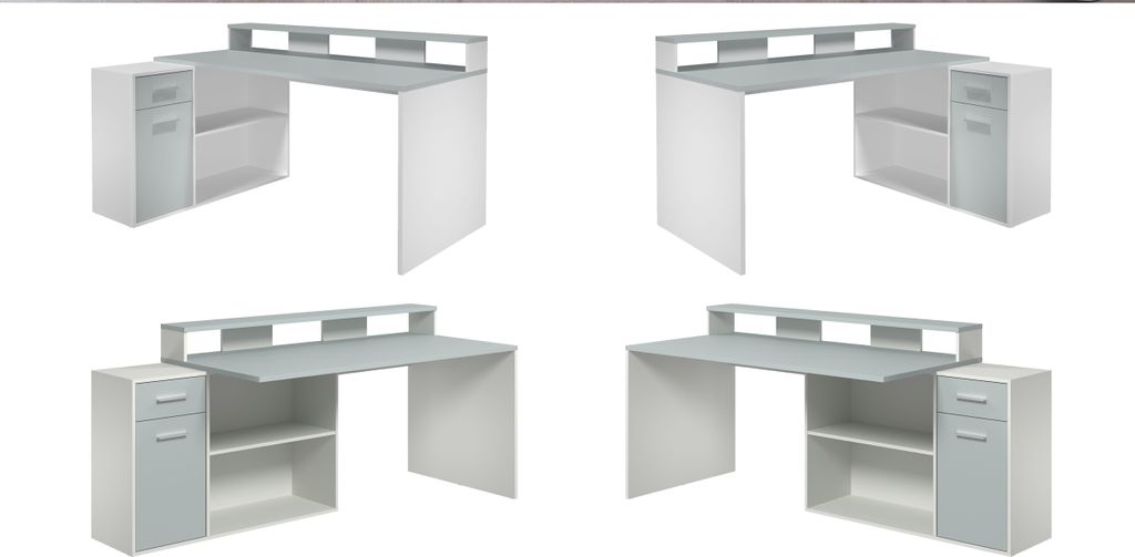 Four different views of a white and light gray L-shaped desk with a hutch and a side cabinet with drawers and shelves.