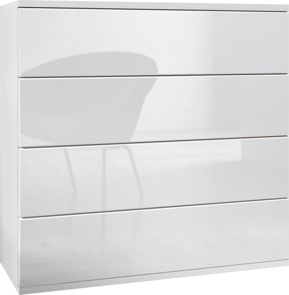Vladon Kommode hängend Pavos V3, Sideboard mit 4 Schubladen Weiß matt/Weiß Hochglanz (76 x 94 x 35 cm)