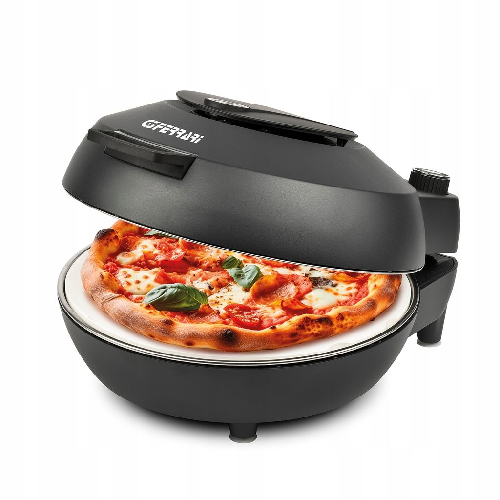 A black pizza oven with a pizza inside, shown on a white background.