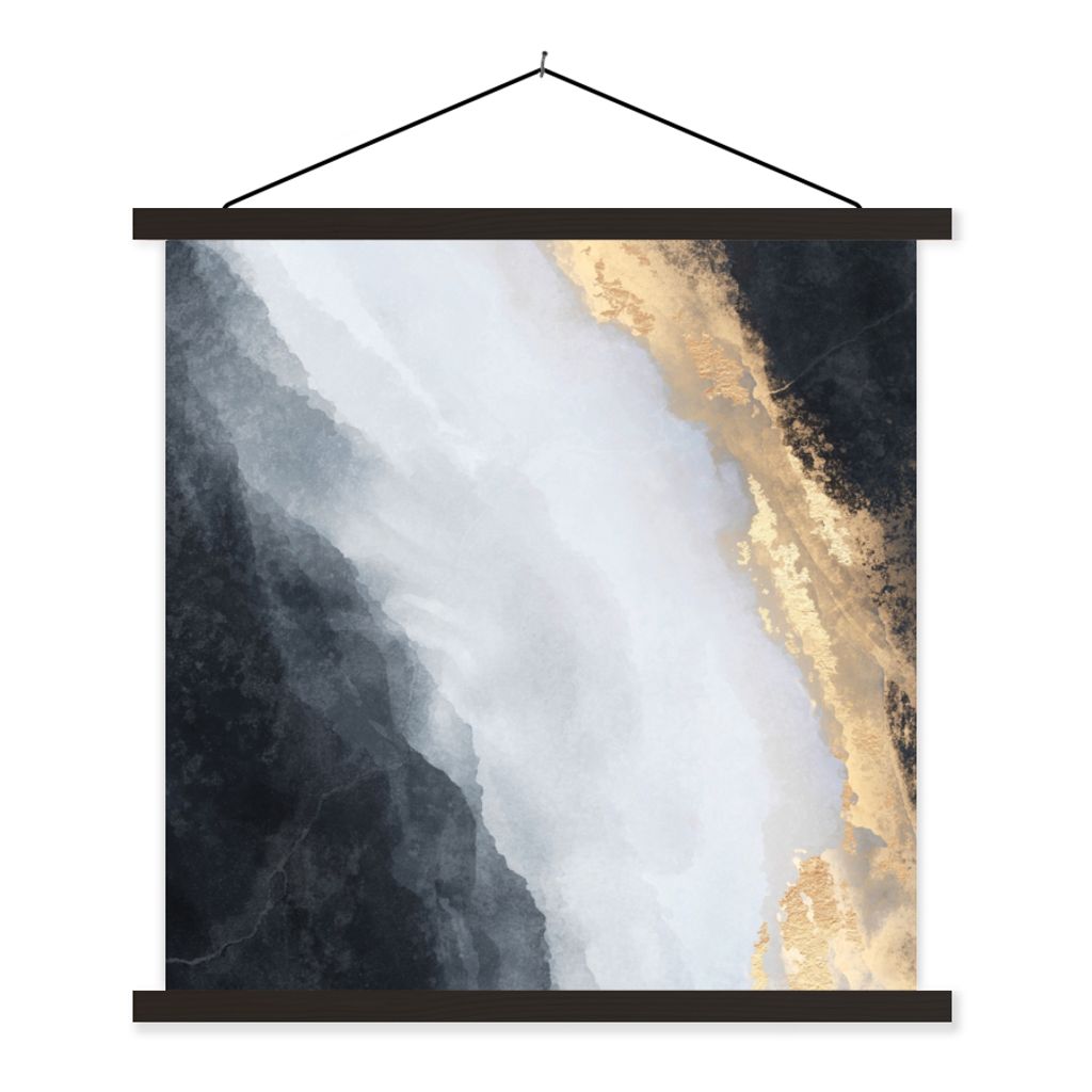 MuchoWow Textilposter Abstrakt - Farbe - Gold - Schwarz - Marmor 120x120 cm mit schwarzem Rahmen - Aufhängungsset