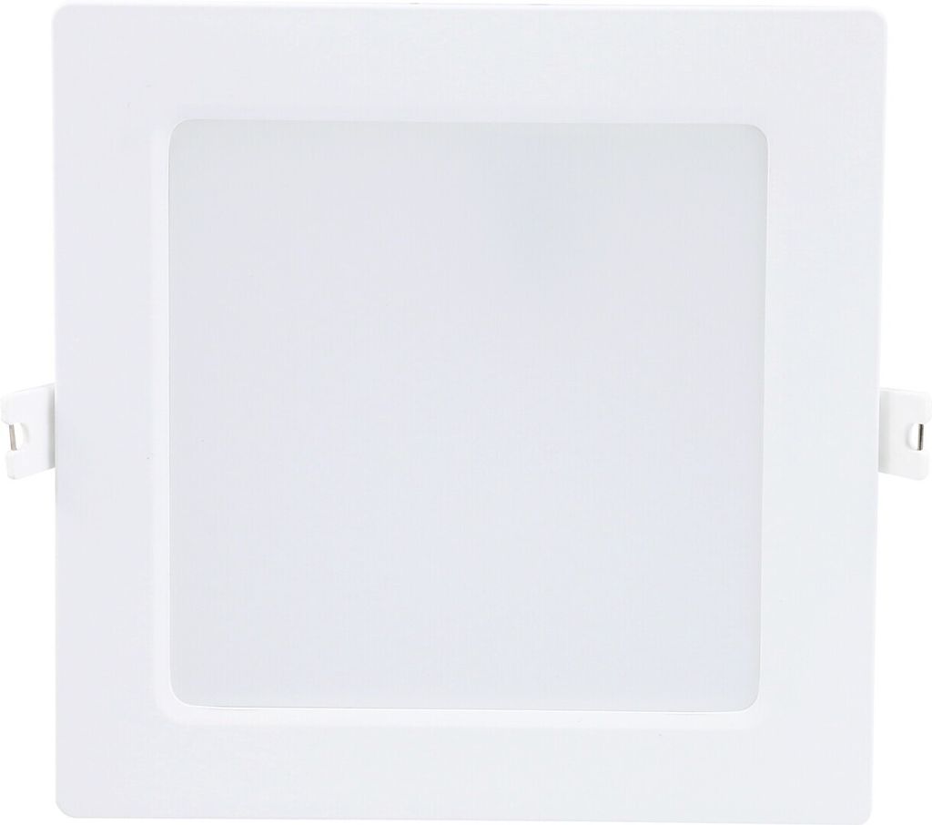 A white square LED ceiling light is shown against a white background.