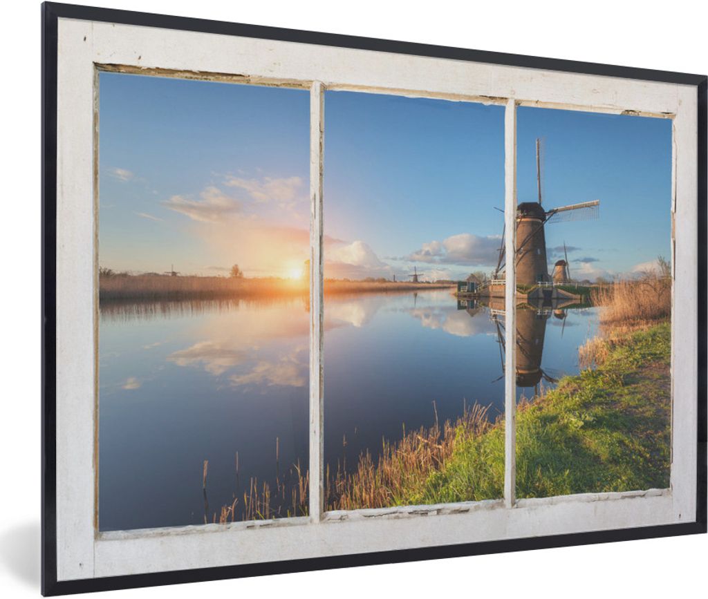 MuchoWow MuchoWow Gerahmtes Poster Aussicht - Wasser - Mühle 60x40 cm - Poster mit zchwarzem Bilderrahmen - Printing - Wanddeko Schlafzimmer