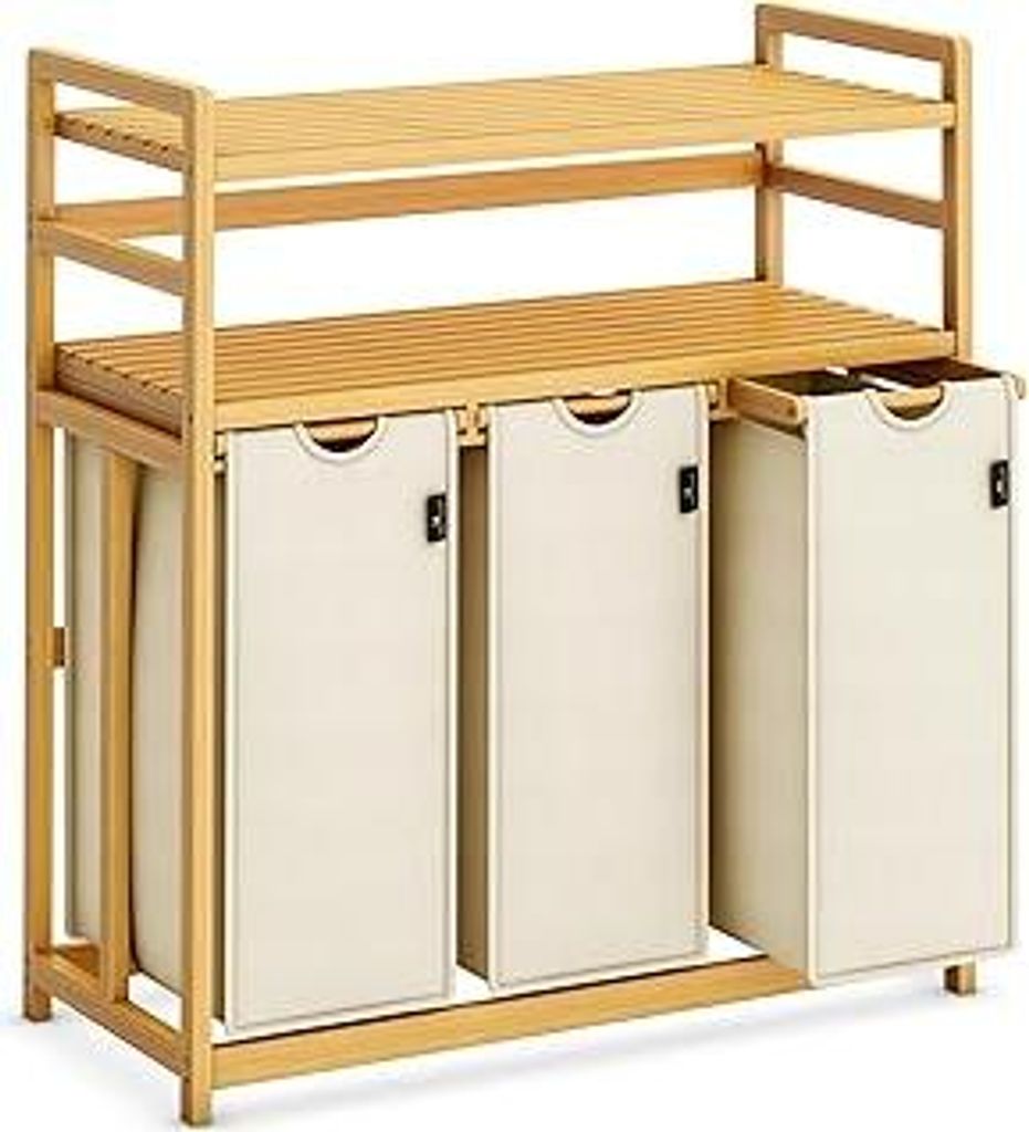 AdelDream Wäschekorb 150 l 3 Fächer 2 Regale ausziehbarer und abnehmbarer Wäschesack Wäschesammler Bambusrahmen Wäschebox laundry baskets Wäs...