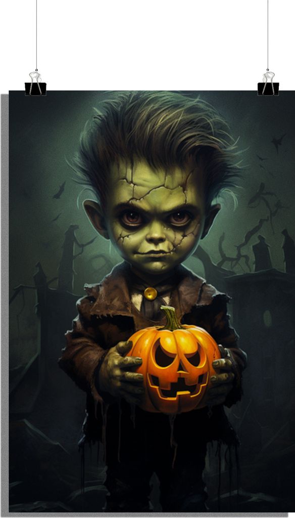 Halloween Poster - Frankenstein Poster - Junge Poster - Kürbis Poster - Grusel Poster - Fantasie Poster - 51x71cm - Perfekt zum Einrahmen