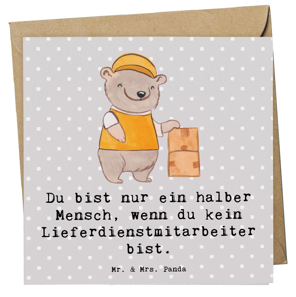 Mr. & Mrs. Panda Glückwunschkarte Lieferdienstmitarbeiter Herz - Grau Pastell - Geschenk, anlasskarte, Klappkarte, Lieferbringdienst, Pizzabäcker...