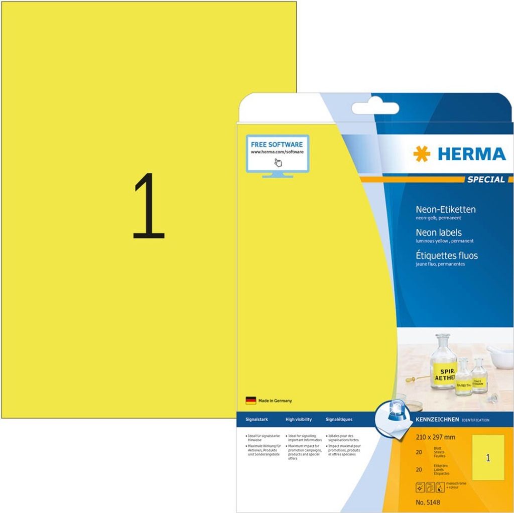 HERMA Etiketten 5148 gelb 210,0 x 297,0 mm, 20 Blatt Produktbild 