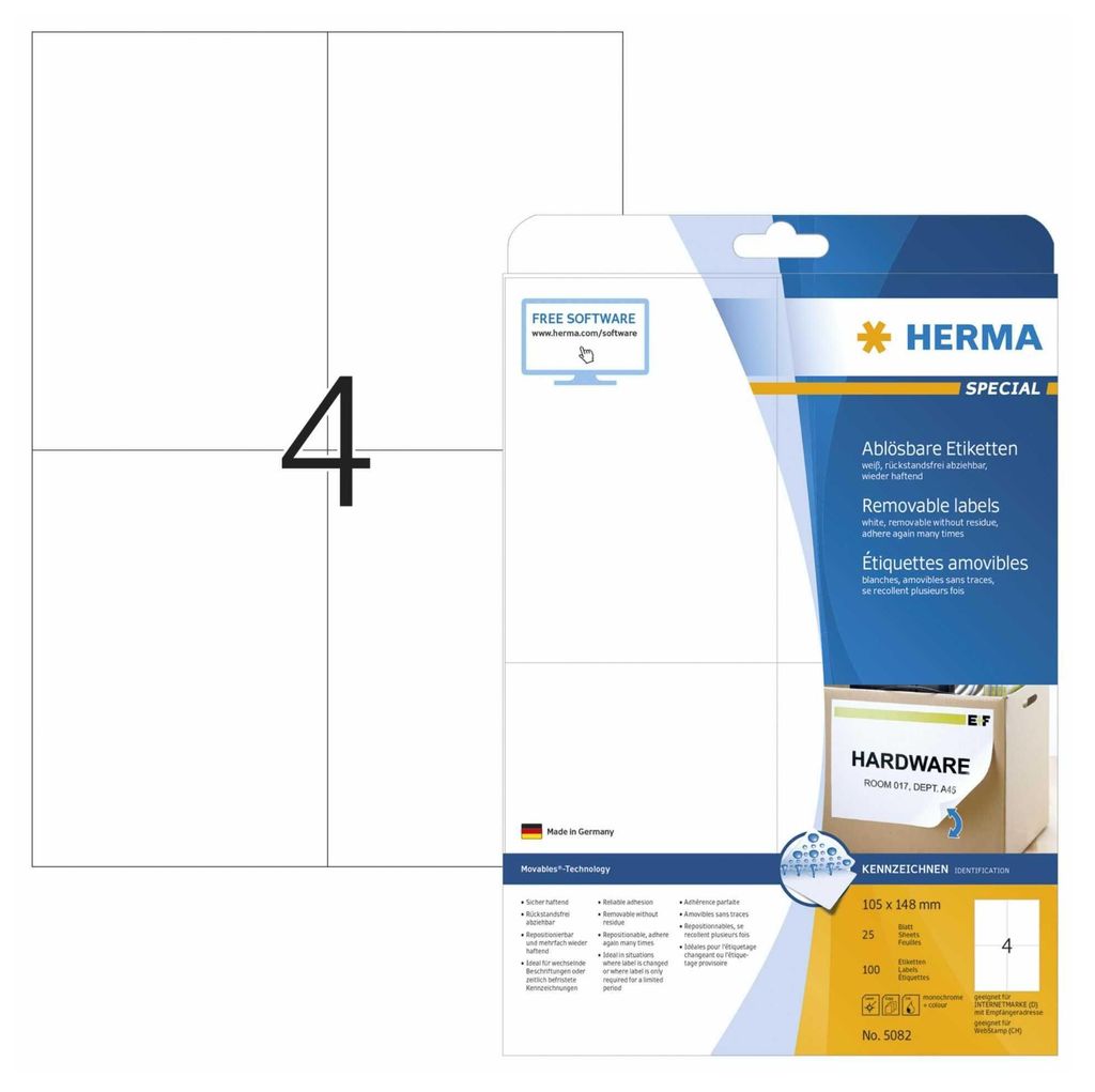 Etiketten A4 weiß 105x148 mm Movables/ablösbar Papier matt Produktbild 