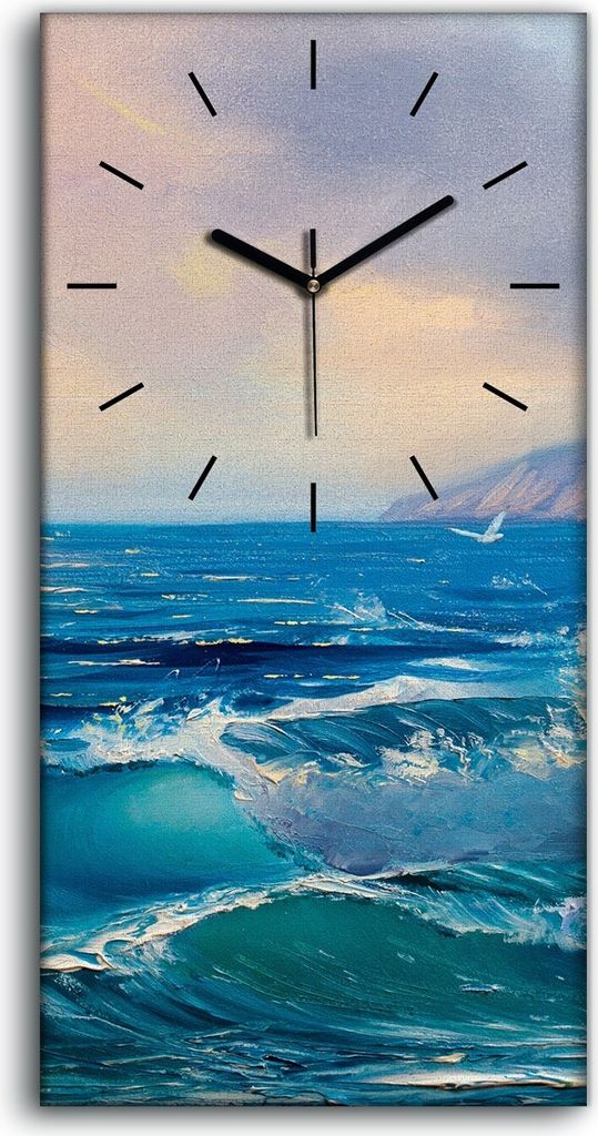 Wandbild Leinwand Bilder mit Uhr Quarz 30x60 Seelandschaft Malerei Meereswelle - schwarze Hände