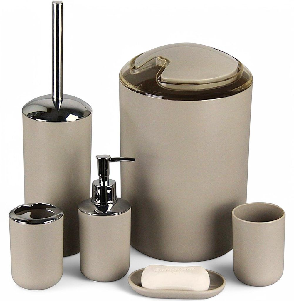 6tlg Badset Badezimmer Zubehör Set Organizer: (Beige Design Produktbild 