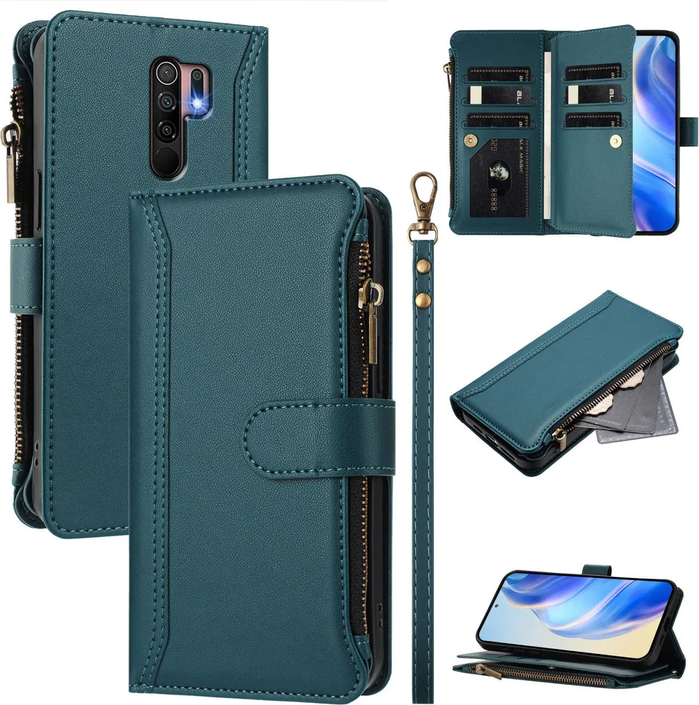 Custodia per Xiaomi Redmi 9/Poco M2, flip case in Finto cuoio con cerniera e portafoglio, con tasche per carte, supporto e passante per mano verde