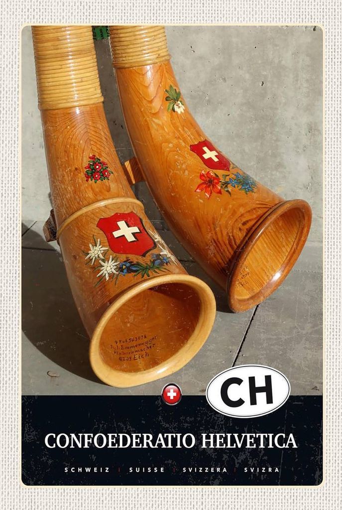 vianmo Holzschild 18x12 cm Confoederatio Helvetica Alphorn Bildmotiv Reisemotiv Abenteuer Reisen