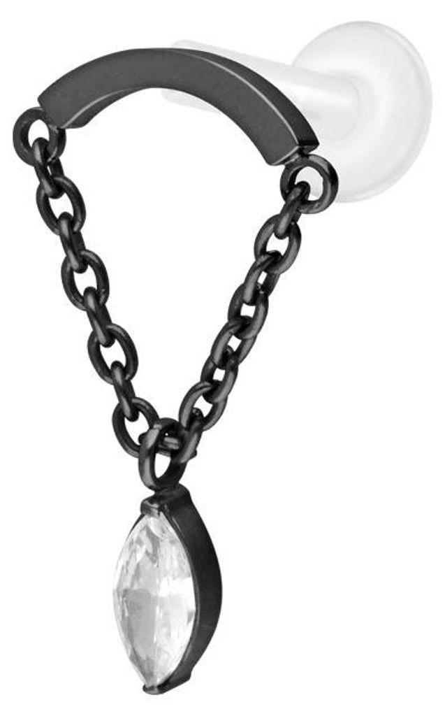 Ohrpiercing, Nasenpiercing PTFE Labret mit Innengewinde + Titan-Aufsatz BOGEN + KETTE + KRISTALLTROPFEN Schwarz Stablänge: 8mm | Stabstärke: 1,6m...