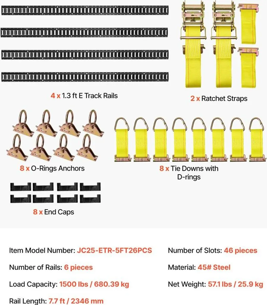 Kit Rails d'Arrimage E-Track 2,3m avec 26 Accessoires et Sangles - 7