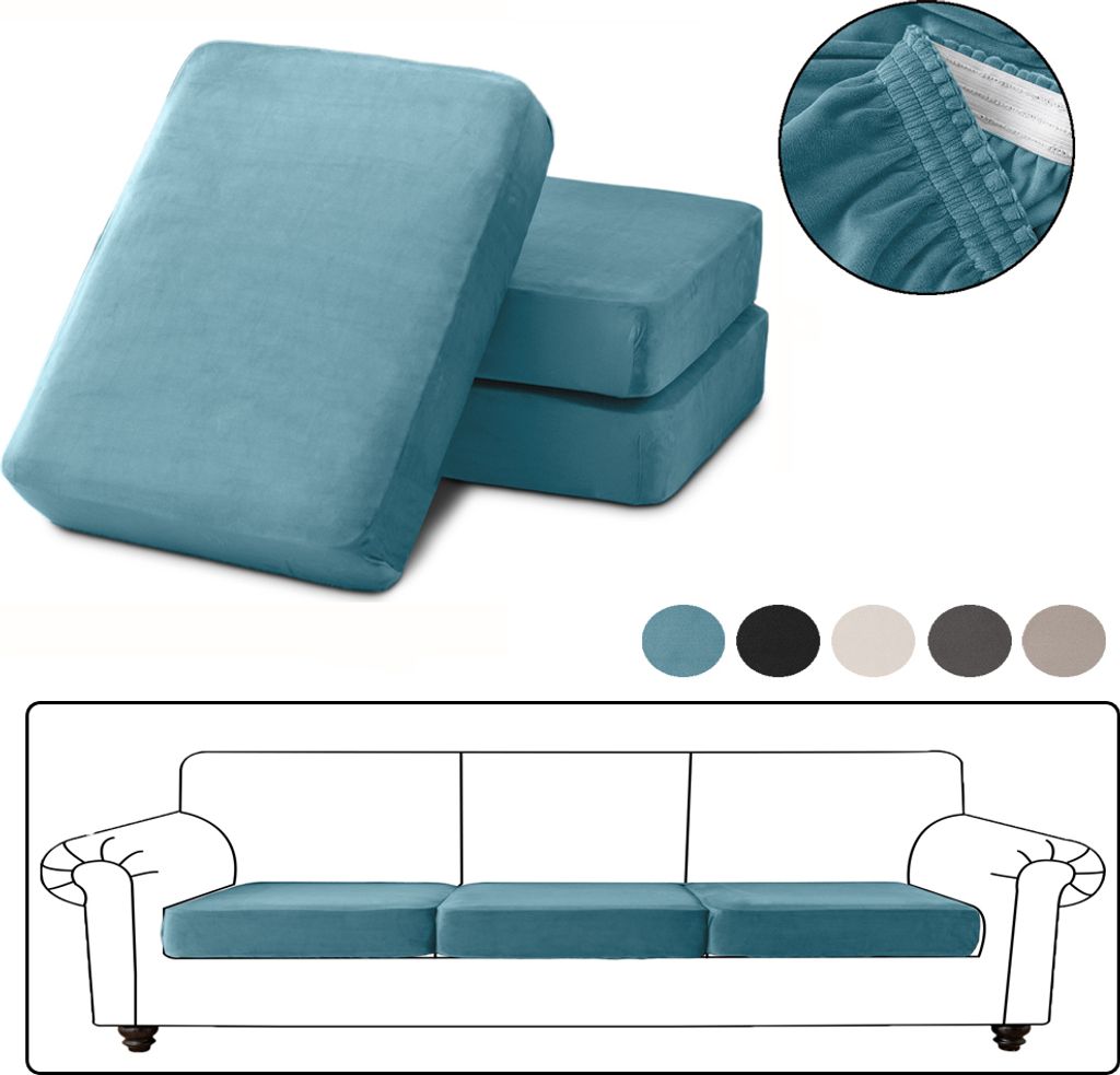 3 Stück Sofa Überzug Samt für 1-Sitzer, Sofa Bezug mit Gummiband, Sitzkissen Bezug Elastisch Universal, Sofadecken für Sitzfläche Blau