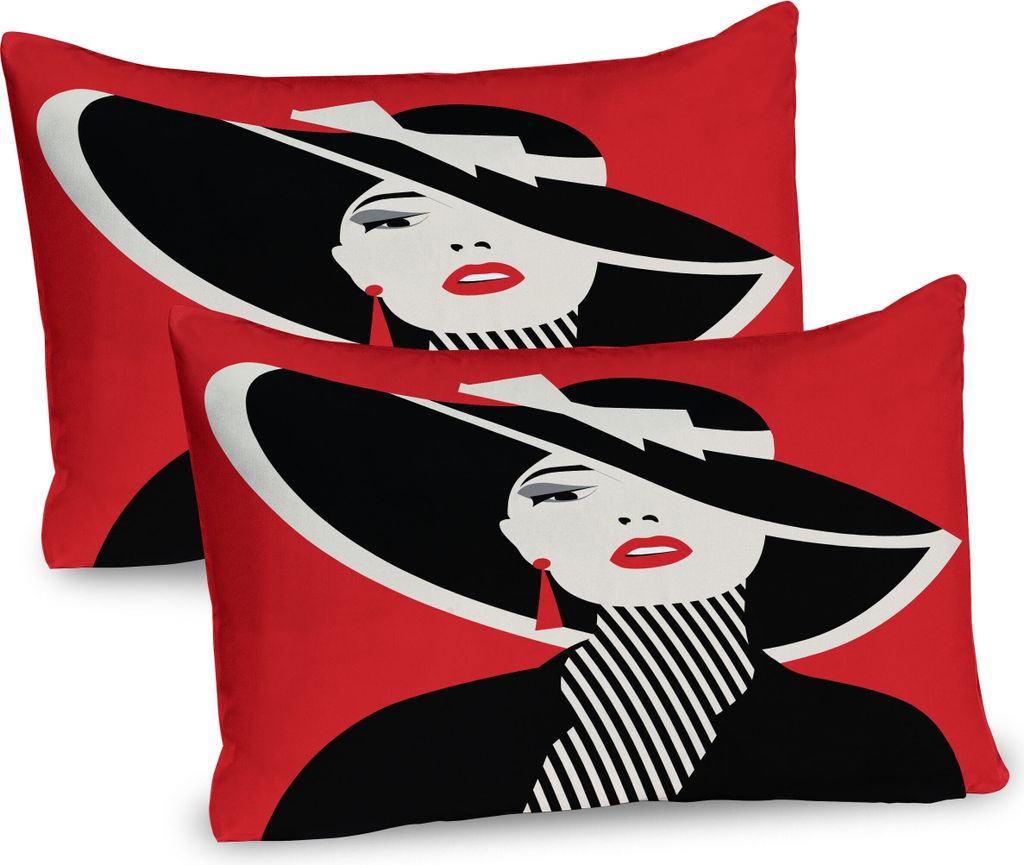 ABAKUHAUS Mode Kissenbezug Packung mit 2, Französische Art-Ikone im Shabby Chic-klassischen Weinlese-Hut und im gestreiften Mantel-Entwurfs-Druck,...