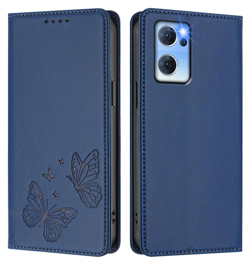Lederhülle für Oppo Find X5 Lite, Schmetterling Prägung Leder Brieftasche Schutzhülle mit Ständer Dunkelblau