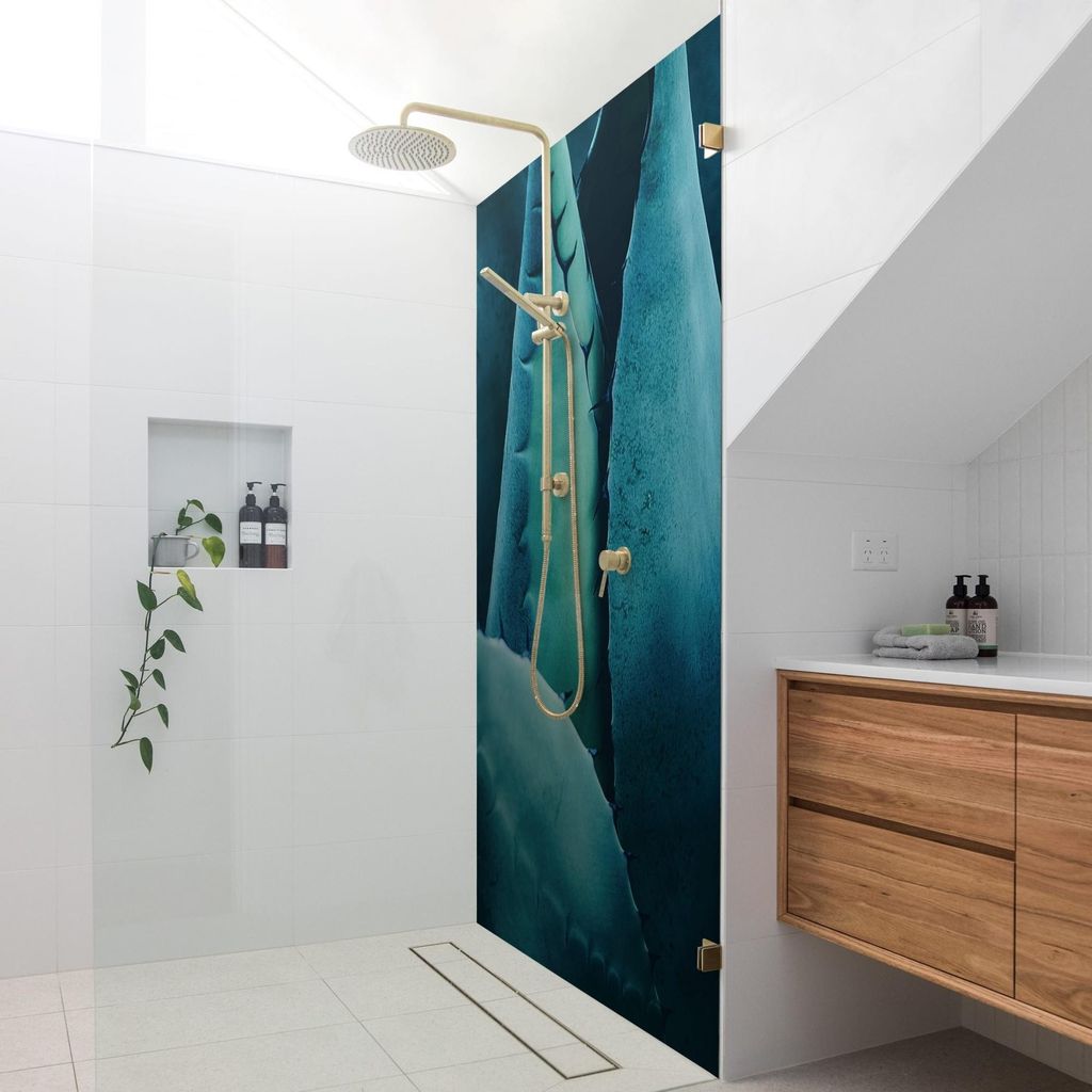 Duschrückwand mit Motiv selbstklebend - 0.35 mm Wandpaneel wasserfest Design petrol Tropisch Badrückwand fugenlos Smart matt 110x200 cm