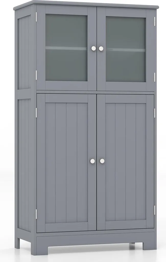 COSTWAY Armoire de salle de bain 4 portes et étagère réglable en bois