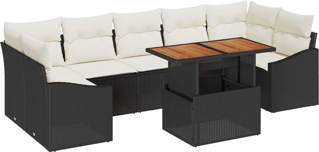 Möbel 8-teiliges Garten Essset mit Kissen Schwarz Poly Rattan Akazie - Gartensofas 3349802