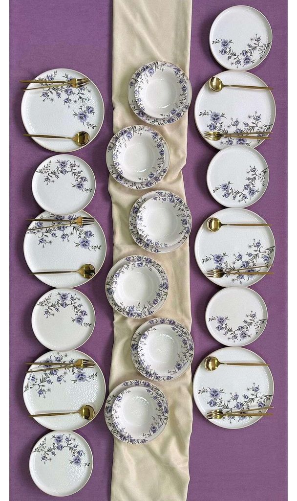 Hermia Concept, Hochwertiges 24-teiliges Dinner Set, 100% Keramik, Weiß und Lila | 6 Servierplatten (26x26x2,5 cm), 6 Teller (20x20x3,5 cm), 6 Sch...