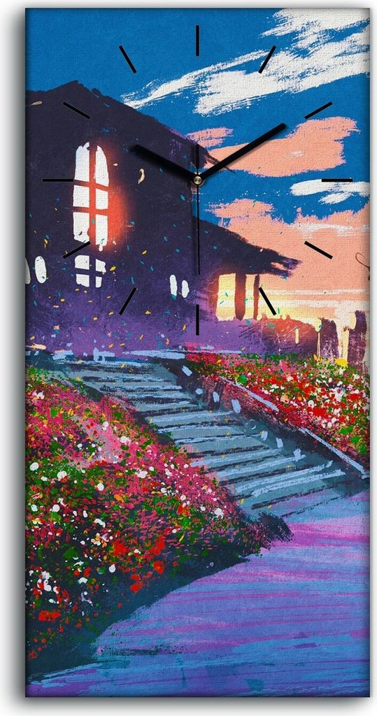 Dekor Leinwand Uhr Wandbilder 30x60 Gemälde Blumen Haus Himmel Wolken Bunt - schwarze Hände