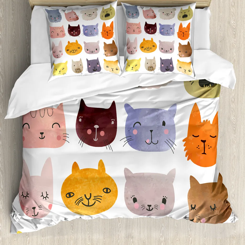 Housse de couette ABAKUHAUS Chat multicolore 200x200 cm avec taies