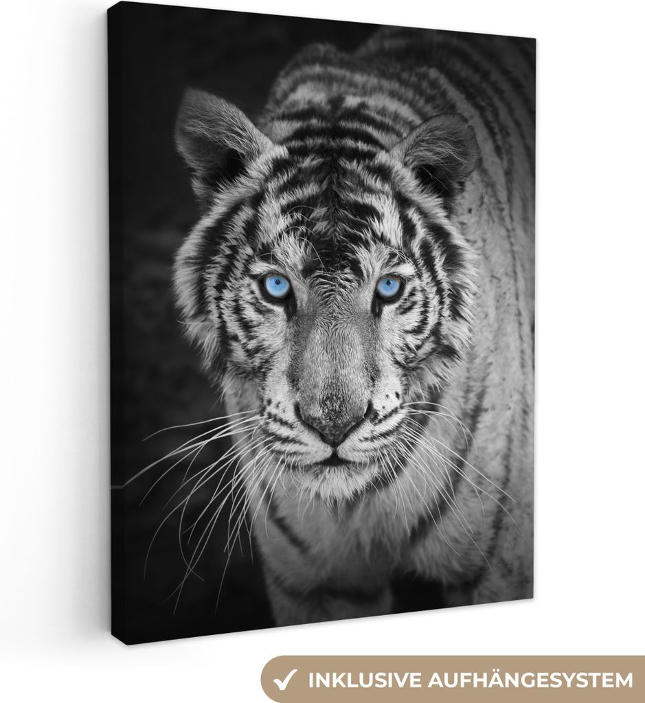 MuchoWow - Leinwandbilder - Tiere - Tiger - Schwarz und weiß - Augen - Blau, Wandbild, Wanddeko Bilder Wohnzimmer, 30x40 cm