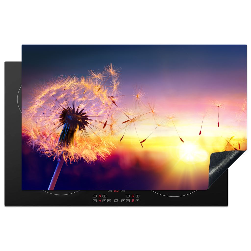 KitchenYeah Herdabdeckplatte Löwenzahn - Blumen - Sonnenuntergang - Horizont - Nacht , 80x52cm, Küche Deko, Glaskeramikkochfeld Herdabdeckung, ...