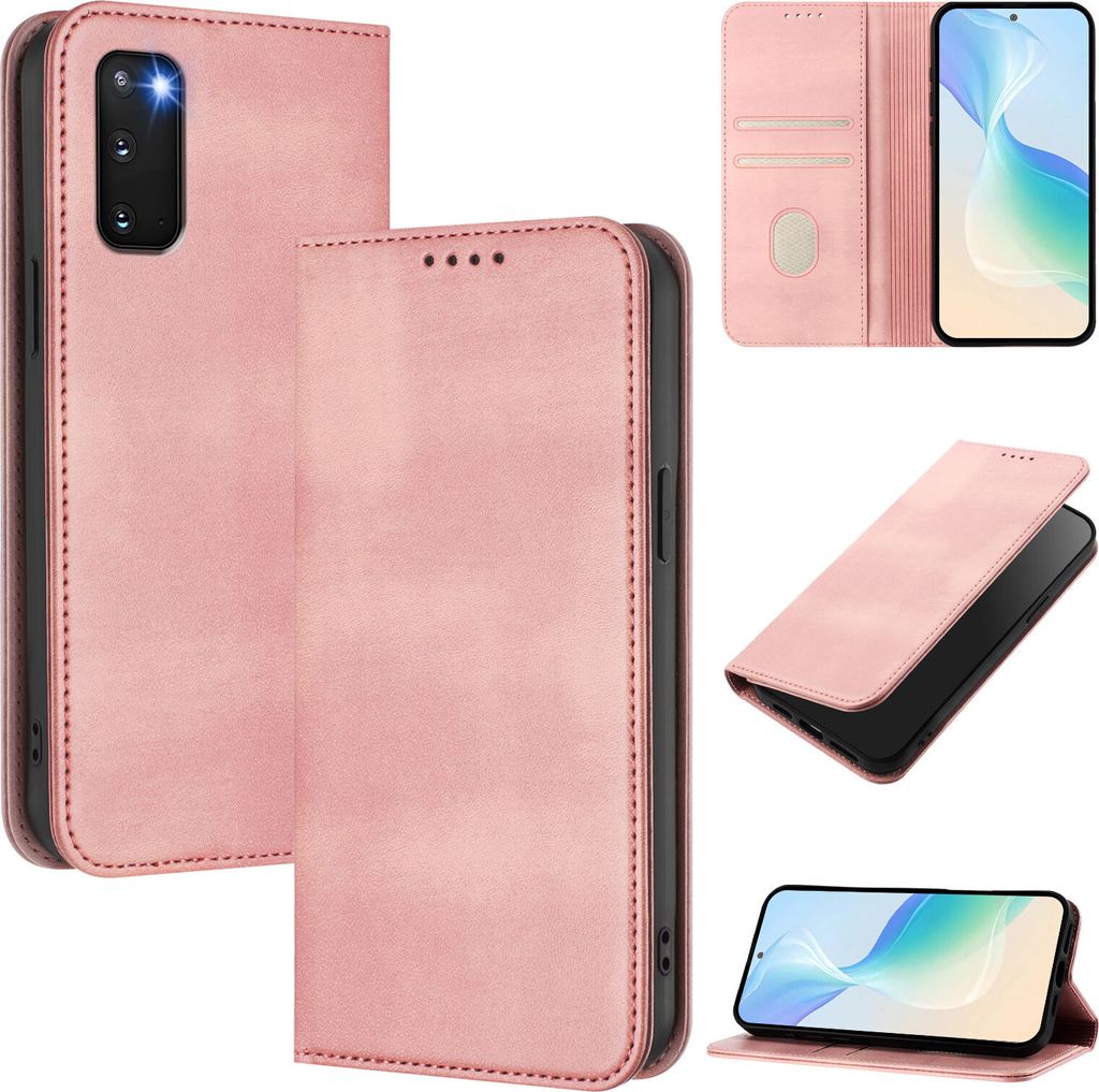 Handyhülle für Samsung Galaxy S20, Vintage Leder RFID Schutz Kartenfach Standfunktion Magnetische Klapphülle Pink