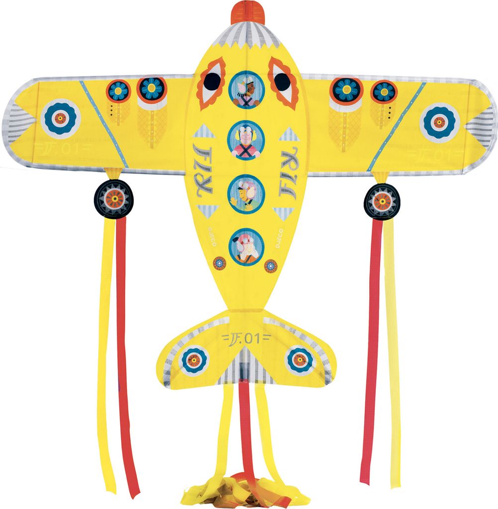 A yellow airplane-shaped kite with colorful decorations and streamers.