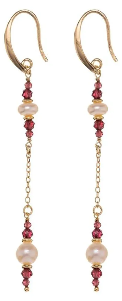 Boucles d'oreilles pendantes en or avec perles et grenats rouges facettés
