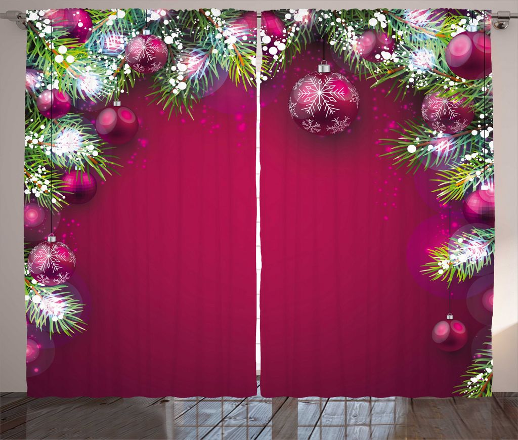 ABAKUHAUS Weihnachten Rustikaler Gardine, Baumkugeln Schneeflocken, Schlafzimmer Kräuselband Vorhang mit Schlaufen und Haken, 280 x 245 cm, Magent...