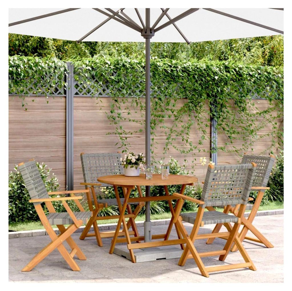 5-teiliges Garten-Esszimmer-Set aus grau Polyrattan und Massivholz, für den Außenbereich