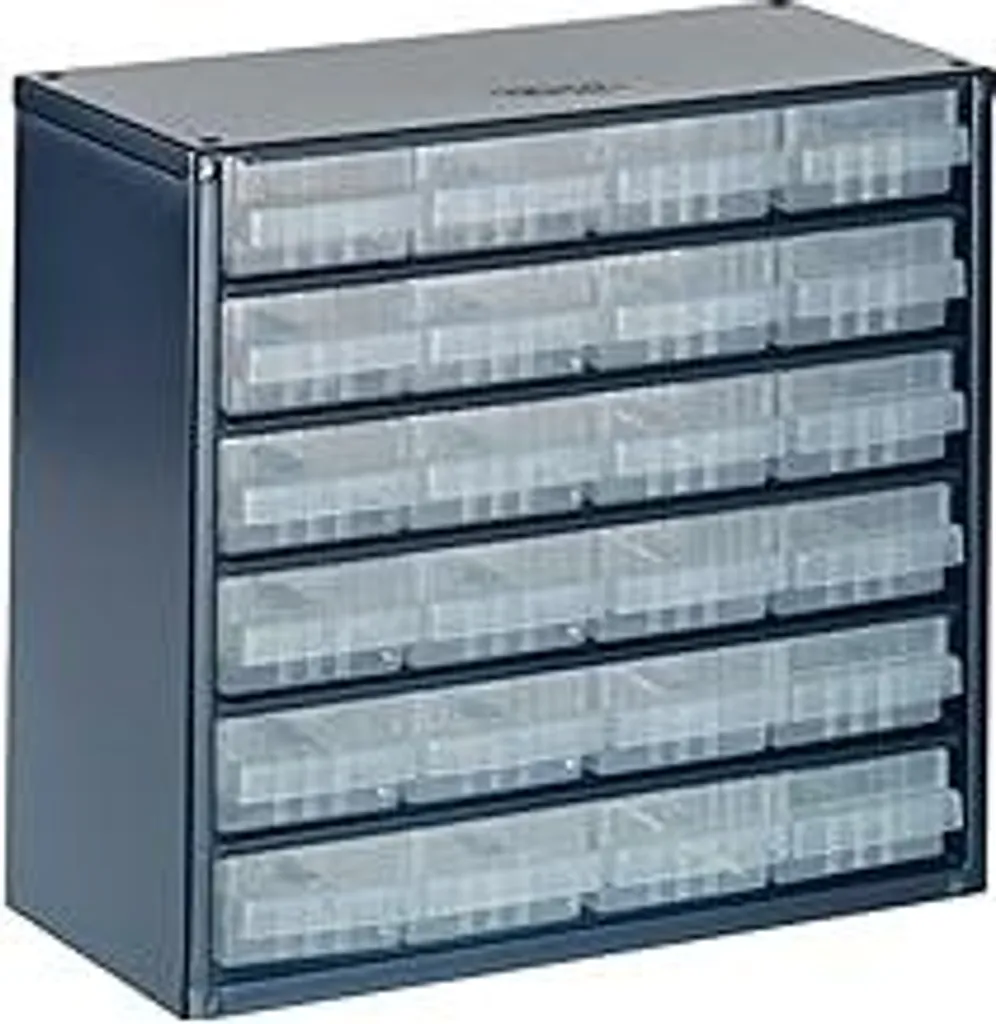Contenitore per minuteria raaco C6-24 con 24 cassetti, portata 19,8 kg, 15 x 30,6 x 28,3 cm, adatto per il montaggio a parete, scaffale a vite per minuteria per sistema di organizzazione dell'officina