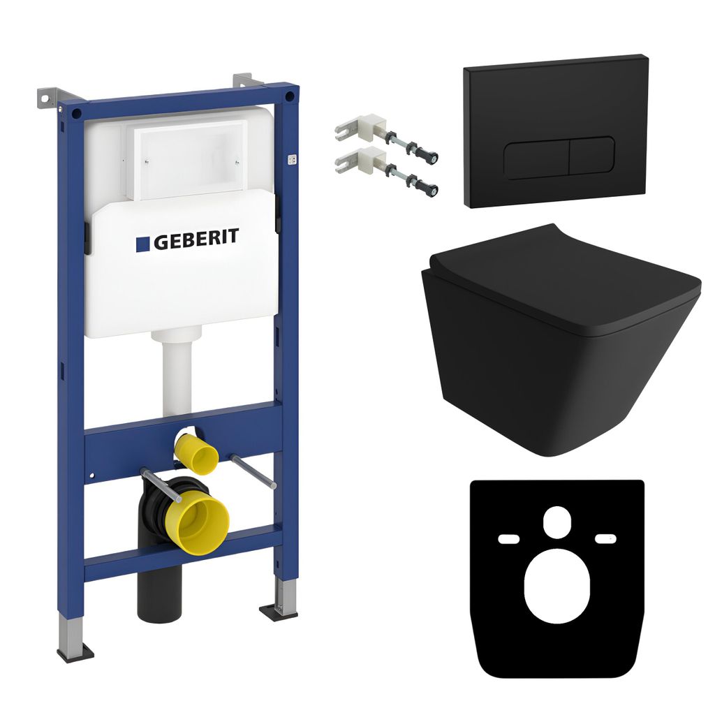 DOMINO Geberit Duofix Basic Vorwandelement + Wand-WC Tiefspül Lago Becken Schwarz Spülrandlos + Schwarze Bedienplatte Delta 25 für Doppelspülun...
