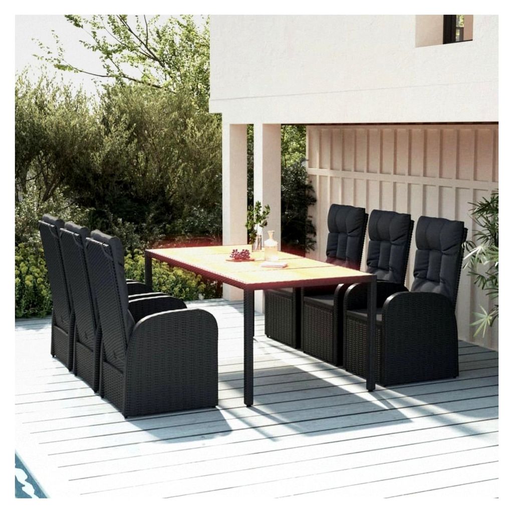 Gartenmöbel-Set für den Außenbereich, 7-teilig, schwarzes Polyrattan und Akazienholz