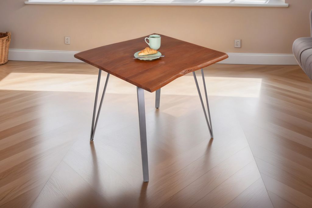 Esstisch Baumkante massiv Akazie nussbaum 80 x 80 cm Metallgestell silber CELIA